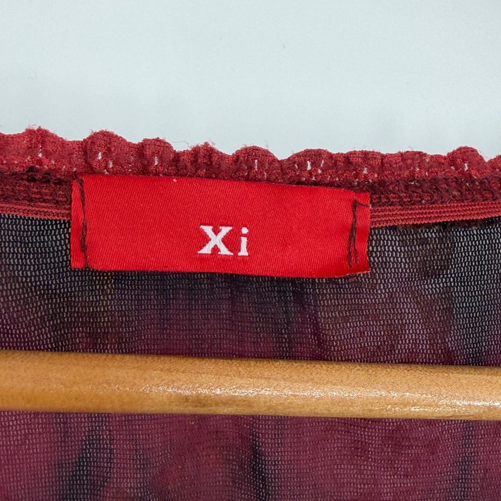Y2K Burgundy Sheer Mesh Off Shoulder Corset Top Ruffle Bell Sleeve Floral Tie - Picture 5 of 5
